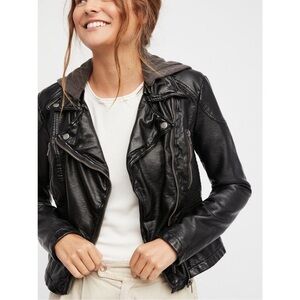 Free People Black Faux Leather Moto Jacket with Hood